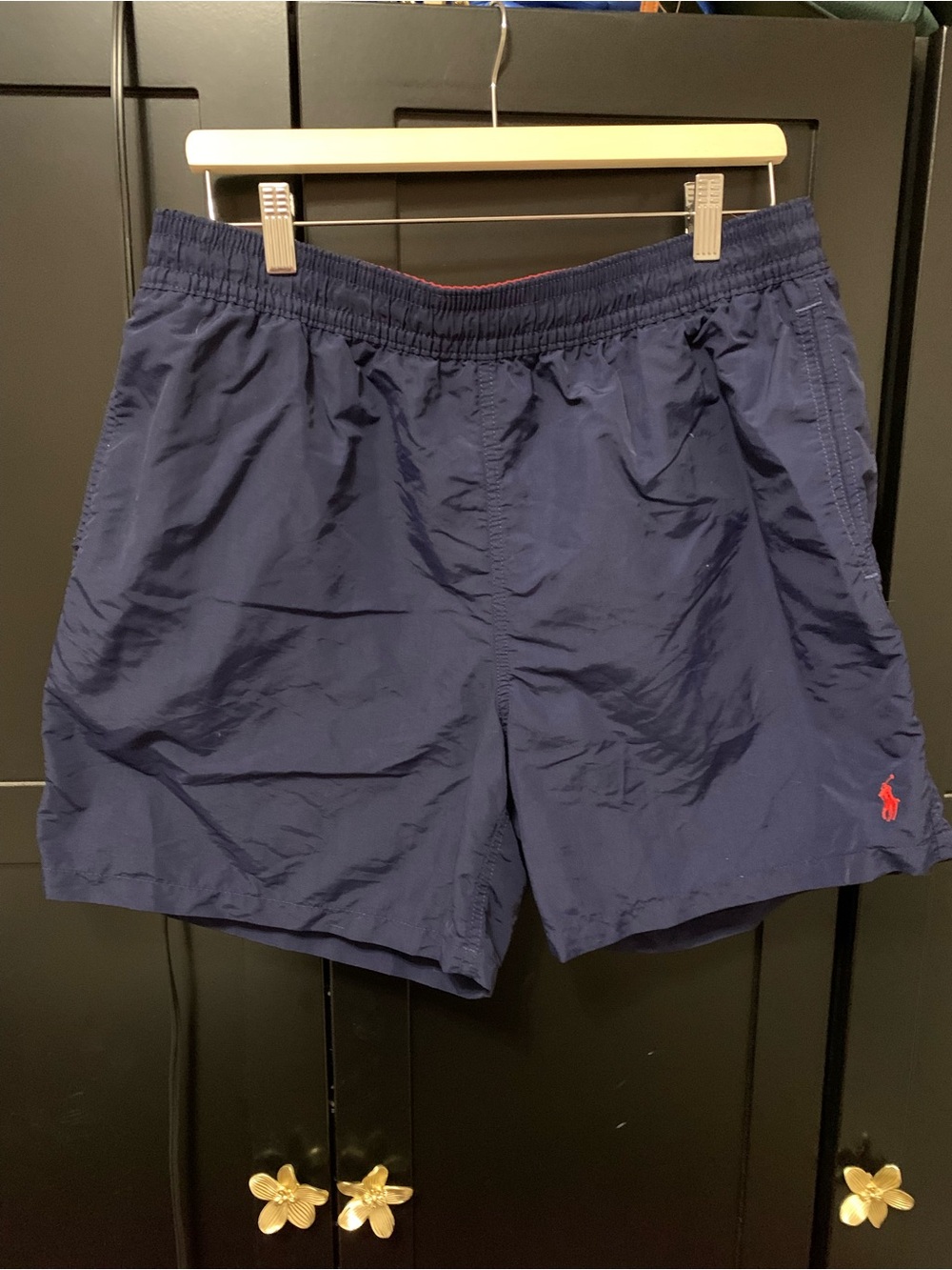 Ralph Lauren Navy Swim Trunks with Red Polo Logo classic